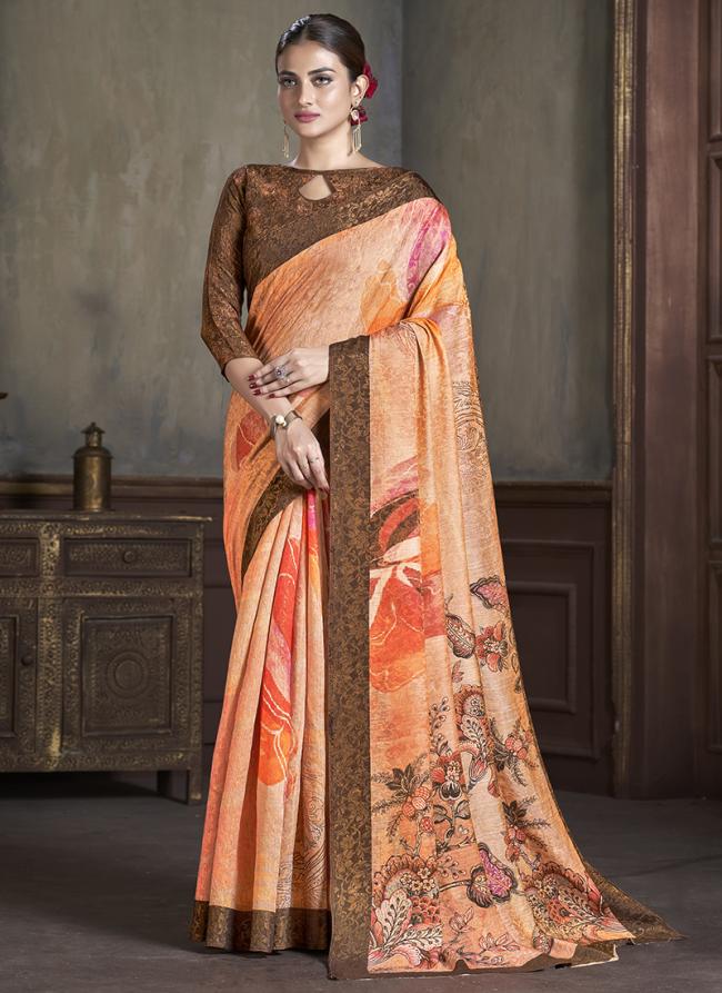 Natural Silk Peach Casual Wear Printed Saree